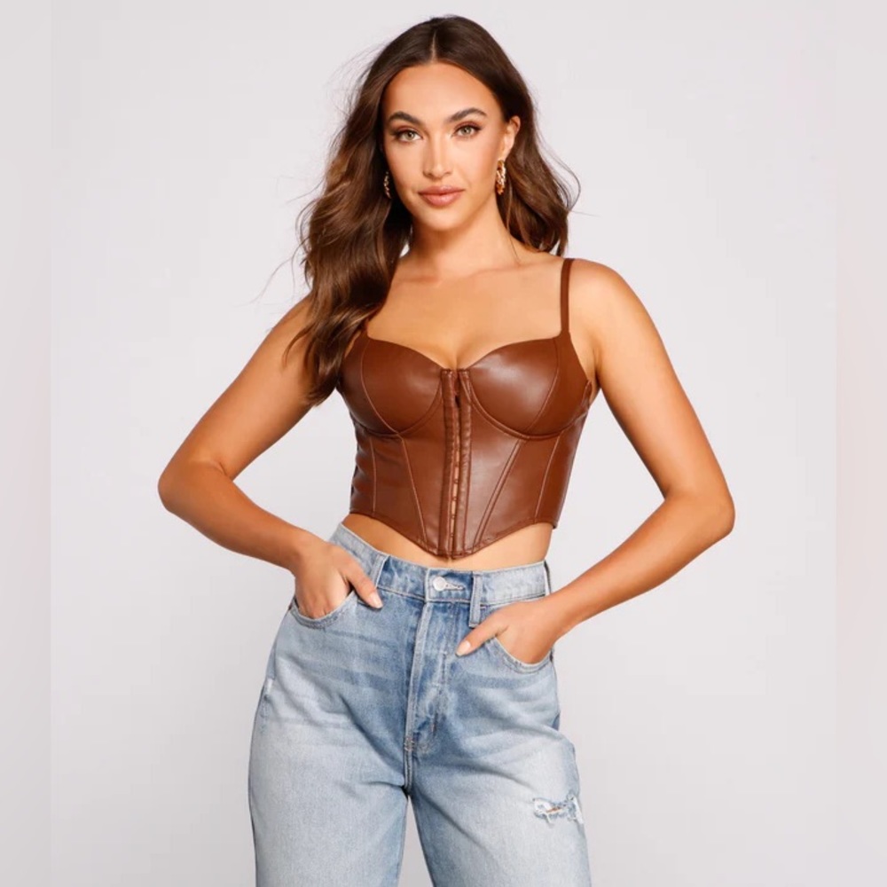 Windsor brown fake leather corset top with adjustable straps